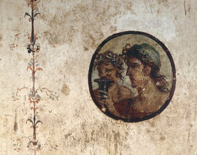 Interior of a Room with Wall Frescoes from the Roman Period, Style III, in the House of Corieo Tiburtino in Pompeii: Part of a Vine and a Tondo with Two Male Heads by Unknown